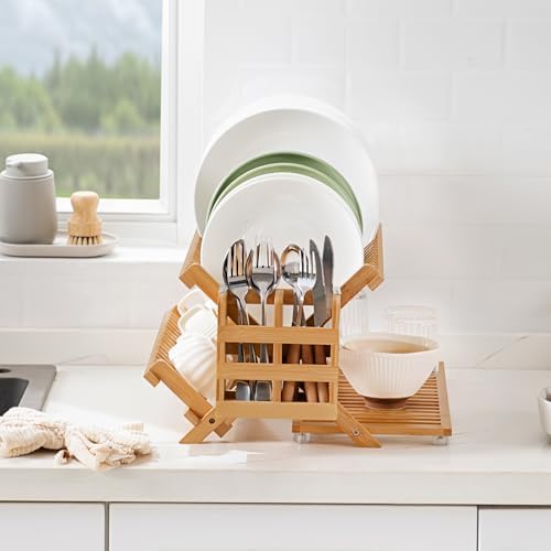 Bamboo 3 Tier Dish Drying Rack with Utensil Holder - Image 7