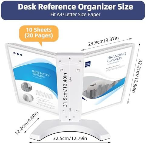 10-Pocket Expandable Desk Reference Organizer with Heavy-Duty Stable Base, Desktop Display System for Desk or Wall Mount, 10 Double-Sided Panels & 10 Index Tabs for A4/Letter Size, White - Image 2