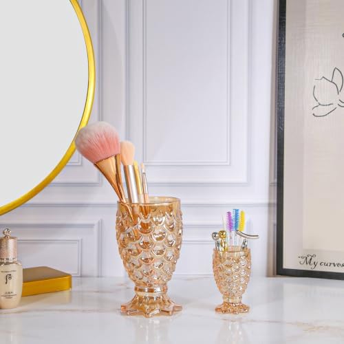 DASITON Glass Makeup Brush Holder, Bathroom Toothbrush Holders, Desk Pen Pencil Holder, Crystal Makeup Brush Cup, Multifunctional Cosmetic Brushes Storage Organizer for Vanity (Green S+L) - Image 2