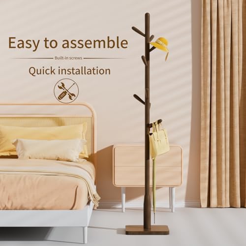 Solid Wood Square Base Coat Rack, Free Standing Hall Coat Tree with 8 Hooks（+2 spare) for Coats, Hats, Bags, Purses, for Entryway, Hallway, Rubberwood Hooks,Base and Pole,(Square Base, Dark Walnut) - Image 4