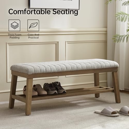 VKNOW Entryway Bench, Storage Shoe Bench with Rubberwood Legs, Beige - Image 4