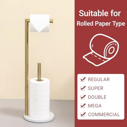 Hoooh Free Standing Toilet Paper Holder with Marble Base, Brushed Gold - Image 3