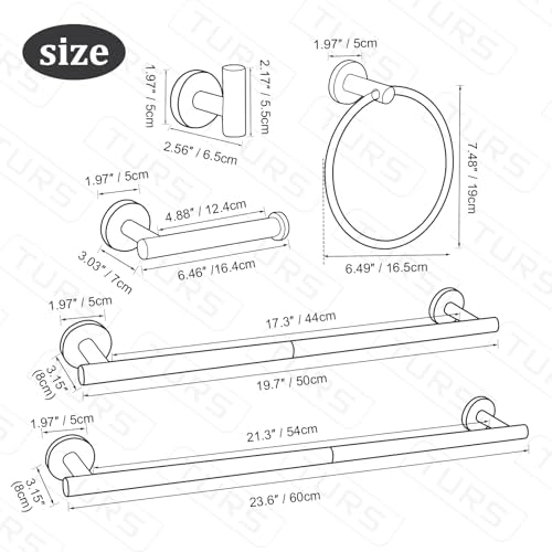 TURS Matte Black 8 Pieces Bathroom Hardware Set, SUS304 Stainless Steel 24 Inch and 20 Inch Bath Towel Bar Set, Round Bathroom Accessories Kit Wall Mounted Towel Holder - Image 7