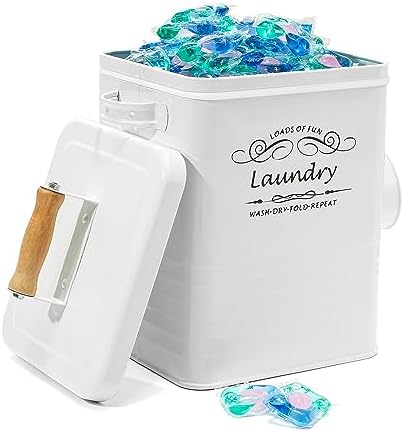 SSTATES Laundry Room Organization Set, Metal Laundry Detergent Pods Container and Dryer Sheet Holder with Lid, Laundry Powder Storage Bin with Scoop for Farmhouse Decor, (2 Pack, White) - Image 4