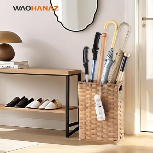 Rattan Umbrella Stand, Umbrella Holder for Entryway, Hand Woven Umbrella Rack Organizer Freestanding, with a Detachable Drip Tray, 4 Hooks, 11.8" L x 5.5" W x 16.5" H, Natural - Image 2