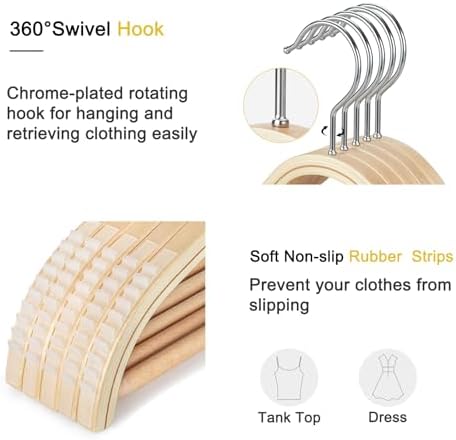 TOPIA HANGER Sleek Wooden Hangers with Non-Slip Rubber Grips, Sweater Hangers No Shoulder Bump, Lightweight Clothes Hangers 30-Pack, 360° Swivel Hook and Pants Bar-CT63N30 - Image 3