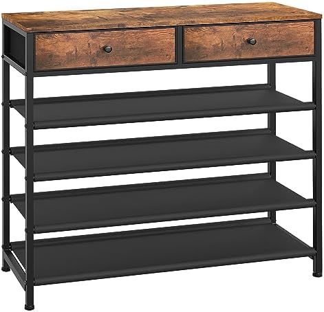 usikey Shoe Rack, 5 Tier Shoe Storage Organizer with 2 Drawers, Metal Shoe Shelf for 16-20 Pairs of Shoes, with 4 Oxford Fabric Shelves and Wooden Top, Shoe Stand for Closet, Entryway, Rustic Brown by USIKEY