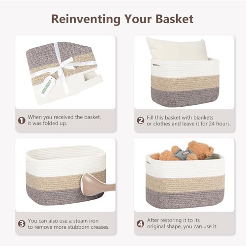 ECDYQXVU 15x10x9 Woven Cotton Rope Storage Basket, Leather Handles 2 Pack - Image 3