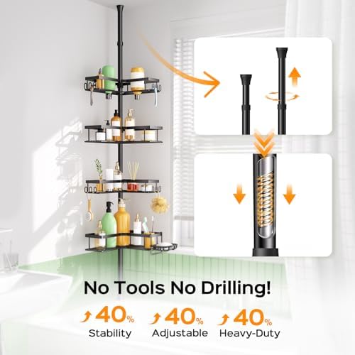 HAMITOR Shower Caddy Tension Pole: Corner Bathroom Organizer for Renters - Image 3