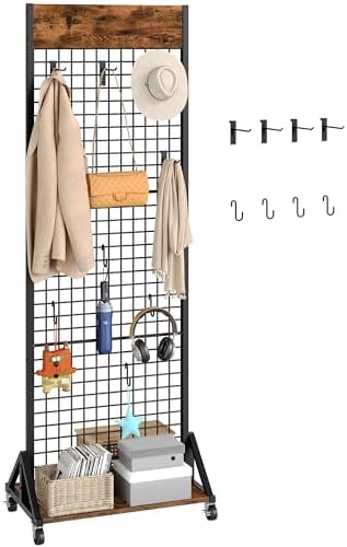 CHOEZON Grid Wall Panel, 2’ x 5.7’ Ft Floor Standing Gridwall Display Rack, Retail Display Stand, with 4 S-Shaped Hooks and 4 Garment Hooks for Entryway Kitchen Outdoor, Rustic Brown and Black TCJ27BF by Choezon