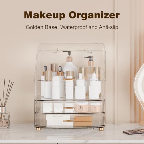 Makeup Organizer Countertop Vanity with Transparent Lid Drawers Waterproof Dustproof Cosmetic Skincare Bathroom Storage Gift for Women Teens Girls (Clear Whtie) - Image 2