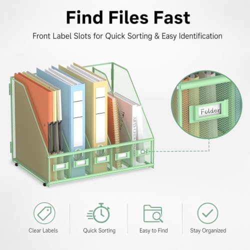 SUPEASY Desk Organizers Metal Desk Magazine File Holder with 5 Vertical Compartments Rack File Organizer for Office Desktop, Classroom, Home Workspace, Green, Plus - Image 3