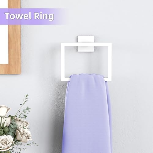 5-Pieces Bathroom Hardware Accessories Set, 24 Inch Stainless Steel Towel Racks for Bathroom, Towel Bar Set Towel Ring Coat Hook and Toilet Paper Holder with Shelf Wall Mounted, White - Image 5