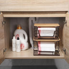 ALOCEO 2 Pack Stackable Wire Storage Basket with Bamboo Lid, Trash Bag Dispenser Under Sink for 4-13 Gal Bags, Kitchen Storage Bins for Potato and Onion, Brown - Image 5