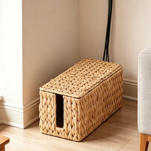 Cable Management Box Set of 2, Cord Organizer for Power Strip | Handwoven Water Hyacinth Storage Basket with Reinforced Metal Frame, Decorative Home Organizer for Desk & Office - Image 5