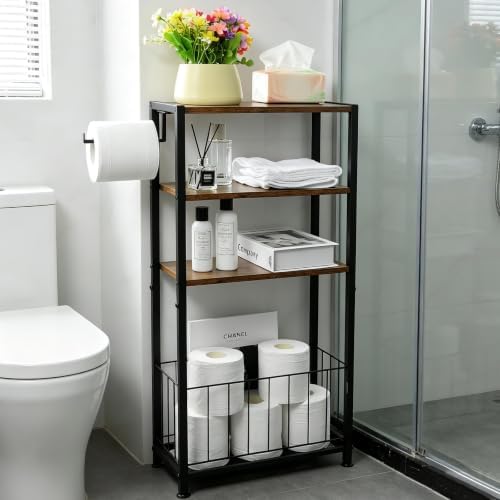 Freestanding Toilet Paper Holder with Storage Wood Shelf Adjustable Feet - Image 2