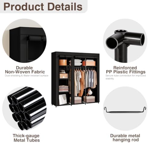 SORCEDAS Portable Closet Wardrobe with Hanging Rods Shelves Clothes Storage - Image 4