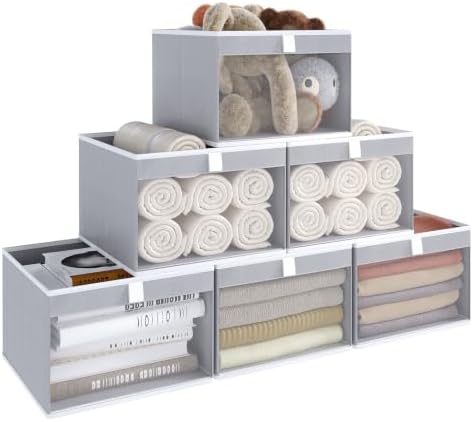 Linen Closet Organizers and Storage, Closet Storage Bins Basket Organizer, Foldable Organization Baskets with Mesh Window for Clothes Towels and Toys, 10.75" x 10.75" x 7.5", Gray, 6 pack by Coyacool