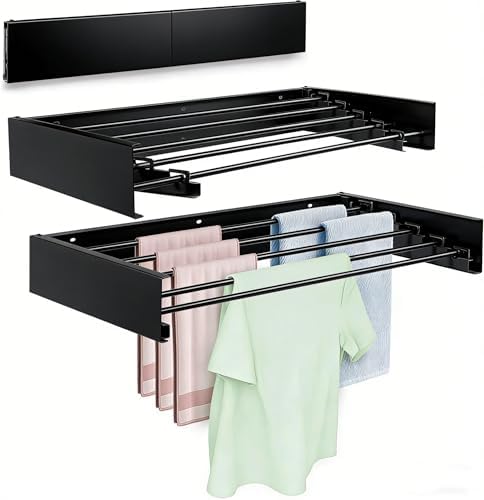Wall Mounted Laundry Drying Rack, Carbon Steel Foldable & Retractable Clothes Drying Rack, Space Saving Adjustable Towel Holder for Bathroom, Laundry, Small Spaces (1, Black, 50cm) by Unknown