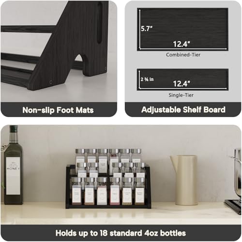 Bamboo Spice Rack Organizer -3-Tier Spice Rack for Countertop,Cabinet Spice Rack Organizer for 18 Spice Jars(4oz)，Step Shelf(black) - Image 6