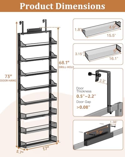 POKIPO 8-Tier Over the Door Pantry Organizer, Large Metal Door Spice Rack with Adjustable Basket, 2 in 1 Wall Mount or Hanging Heavy-Duty Pantry Door Storage Shelf for Kitchen and Bathroom, Black - Image 6