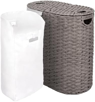 Seville Classics Premium Handwoven Portable Laundry Bin Basket with Carrying Handles, Household Storage for Clothes, Linens, Sheets, Gray, Oval Hamper - Image 5
