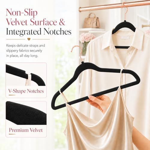 Smartor Black Velvet Hangers 50 Pack, Non Slip Rose Gold Hook Felt Hangers - Image 2
