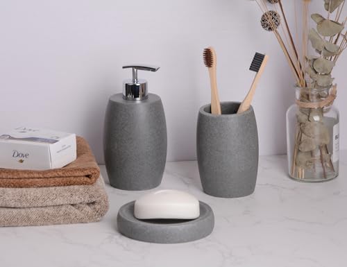 Clasin Home Grey Bathroom Accessories Set 3 PC, Resin Sandstone Look Soap Dispenser, Toothbrush Cup, Soap Dish, Bathroom Soap Dispenser Set for Home Decor and Kitchen - Image 4