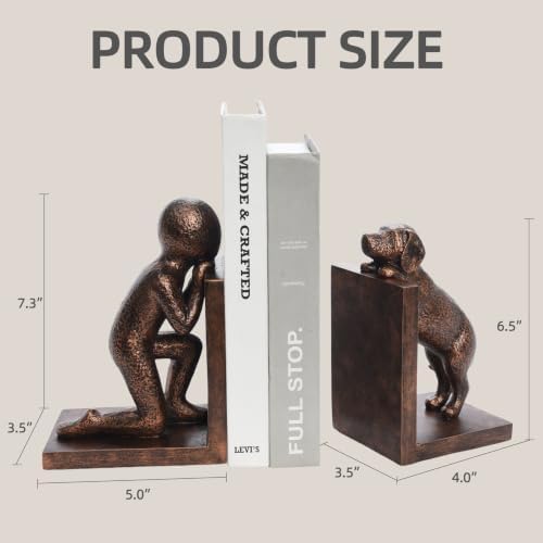Decorative Bookends for Shelves, Human & Dog Antique Copper Resin Book Ends - Image 3