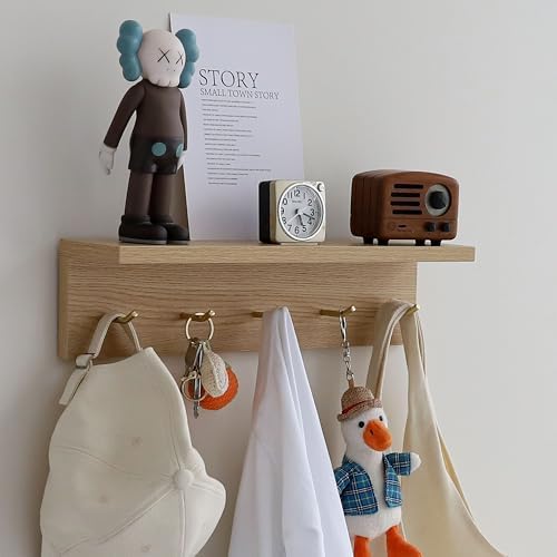 Marine Plywood Wall Mounted Coat Rack with Shelf & Key Hooks, 5 Brass Hooks Entryway Organizer, Modern Floating Shelf for Bedroom Hallway, Space-Saving Home Storage Rack (1, Oak Finish) - Image 4