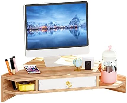 Triangle Monitor Stand Riser,Cut Triangle Save Space Desktop Corner,Desktop corner shelf with drawers wooden computer stand with storage laptop risers office organization. (Have drawers) by KUAIYU
