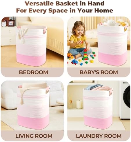 AINUOQI Laundry Basket with Handles - Blanket Basket & Hampers for Bedroom Aesthetic, Laundry Hamper & Blanket Storage for Living Room, Clothes Hamper, Tall, Large 17" x 14" x 22”, Pink & White - Image 4