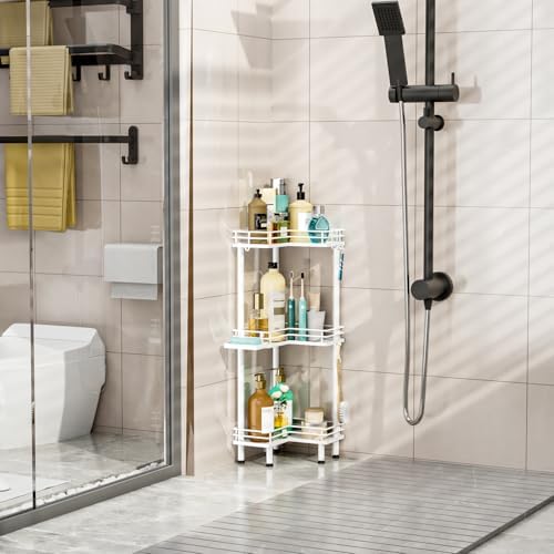 HapiRm Corner Shower Caddy Standing - 3 Tier Shower Organizer Corner with Soap Holder, Rustproof Bathroom Standing Organizer with 4 Hooks, White - Image 7