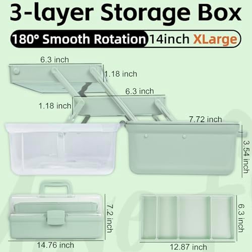 TERGOO 14in 3-Layer Multipurpose Craft Organizers and Storage with Adjustable Dividers, Portable Tackle Box, Folding Art & Craft Case for Medicine, Tool, Sewing Organizer (Haze Green, X-Large) - Image 2