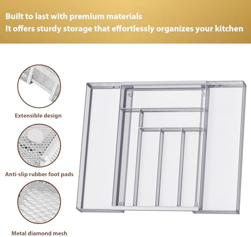 Sedegn Silverware Organizer Metal Mesh, Large Drawer Organizer, Utensil Cutlery Tray for kitchen drawers, Expandable Flatware Organizer with 8 Compartment Silver 11.6"~20" x 17.3" - Image 3
