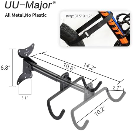 UU-Major Bike Wall Mount,Heavy Duty Bike Hanger, Mounted Bike Hook for Garage Wall,Horizontal Bike Rack for MTB,Road And Hybrid Bikes Storage,Thicker Metal With Rubber Coating.(Adjustable*2 Pack) - Image 3