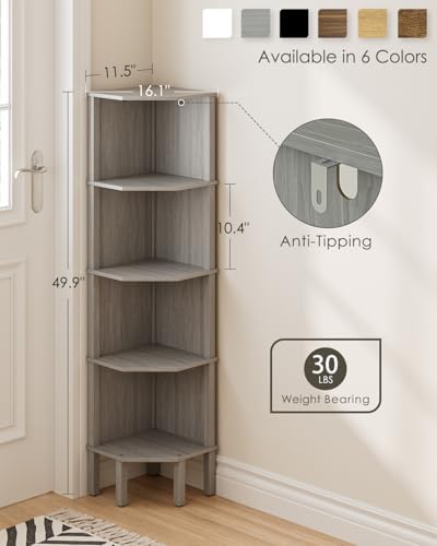 Corner Shelf, 5 Tier Corner Bookshelf, Display Corner Shelf Stand with Storage Rack, Wall Corner Bookshelf for Living Room, Bedroom, Office, Grey - Image 2