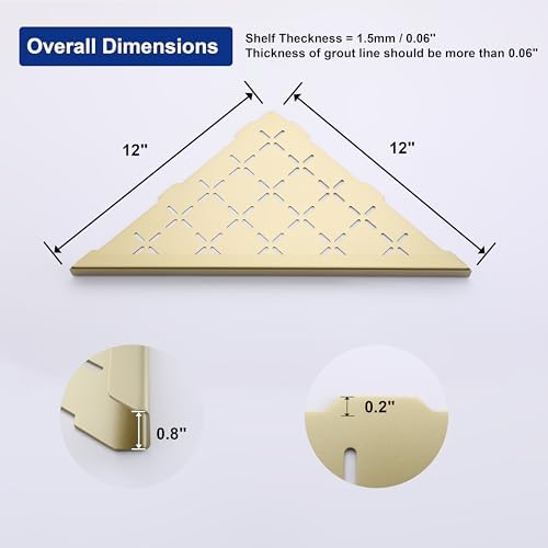 12" Corner Shower Shelf, 2-Pack Shower Shelves SUS304 Stainless Steel Bathroom Shelves for Tile Walls, Recessed Corner Shelf Organizer Rack, No Drilling (Brushed Gold) - Image 2