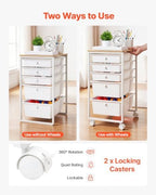 VEVOR Rolling Cart with Drawers, 5 Drawer Storage Organizer, Mobile Utility Cart with Wood Top, Steel Frame, Universal Casters & 2 Brakes, for Office, Classroom, Craft Supplies, Bedroom, Makeup, White - Image 3