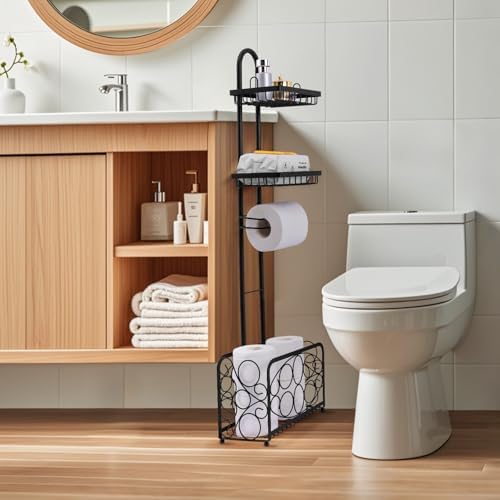 Oasis Creations Toilet Paper Holder Tissue Rack Stand with Magazine Toilet Roll Storage Basket- Freestanding, Black Metal - Image 3