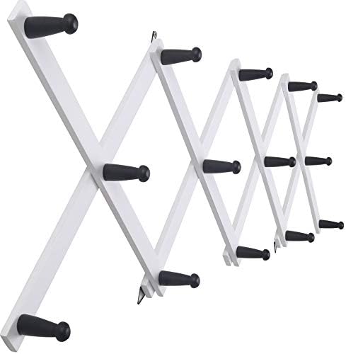 SKOLOO Hat Rack for Wall with 14 Hooks, Solid Wooden, Modern, Expandable Coat Rack Wall Mount for Coats, Hats, Bags, Baseball Caps, Black on White by SKOLOO