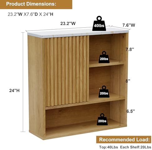 FerniTry Farmhouse Bathroom Wall Cabinet Fluted,Medicine Cabinet Over The Toilet Storage Cabinet with Adjustable Shelf, Wood Wall Mounted Storage Cabinet Organizer (Oak, Medium) - Image 3