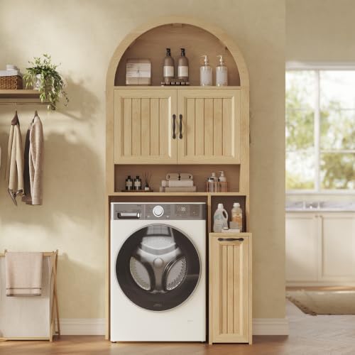 UPOSOJA Arched Over The Toilet Storage Cabinet with Pulley Small Bathroom Storage Cabinet, Bathroom Organizer, Adjustable Shelves, Toilet Paper Holder, 2 Hooks, Space Saver for Restroom, Laundry, Oak - Image 5