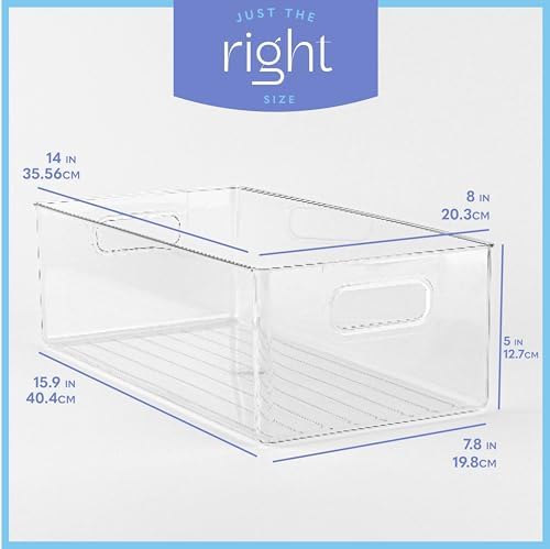 Plastic Food Storage 6 Pack Clear Container Bin with Handles for Organizing Kitchen, Pantry, Refrigerator, Freezer, Pantry, Cabinet, Closet, Bathroom. 14”x8”x5” - Image 3