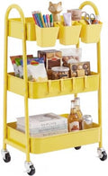 danpinera 3-Tier Rolling Cart, Utility Cart Mobile Metal Rolling Storage Cart with Lockable Wheels & Hanging Cups & Hooks for Kitchen, Bathroom, Office, Workshop, Yellow by danpinera