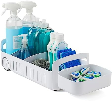 YouCopia RollOut Caddy Rolling Storage Bin with 2 Adjustable Dividers and Removable Basket for Kitchen and Bathroom Under Sink Organization, 8" Wide by YouCopia