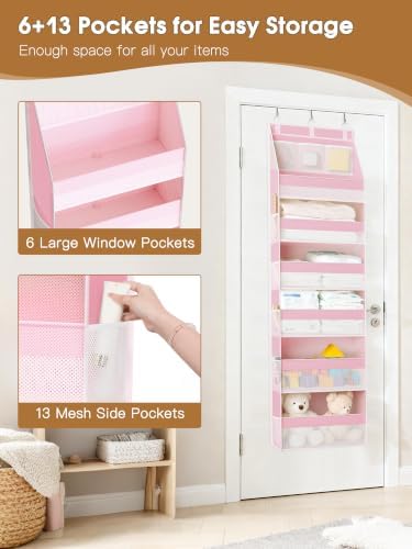 Criusia Over the Door Organizer, 6-Shelf Closet Hanging Storage with 13 Mesh Pockets, 55lbs Capacity Behind the Door Storage for Baby Nursery, Bathroom, Bedroom, and Dorm, Pink - Image 5