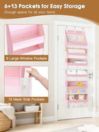 Criusia Over the Door Organizer, 6-Shelf Closet Hanging Storage with 13 Mesh Pockets, 55lbs Capacity Behind the Door Storage for Baby Nursery, Bathroom, Bedroom, and Dorm, Pink - Image 5