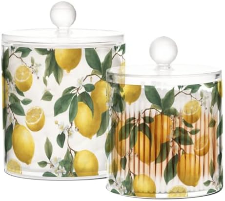 Lemon Slice Flowers Qtip Holder Waterproof Dustproof Apothecary Jars with Lids For Bathroom Cotton Swabs Makeup Sponges Floss Picks Bath Salts 2 Pack - Image 2