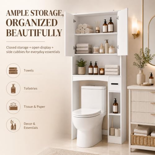 VINGLI Over-the-Toilet Storage Cabinet, 31.5" W White Bathroom Space Saver with Fluted Curved Doors, Adjustable Shelf, Reversible Side Shelving, Toilet Paper Holder and Anti-Tip Kit - Image 5